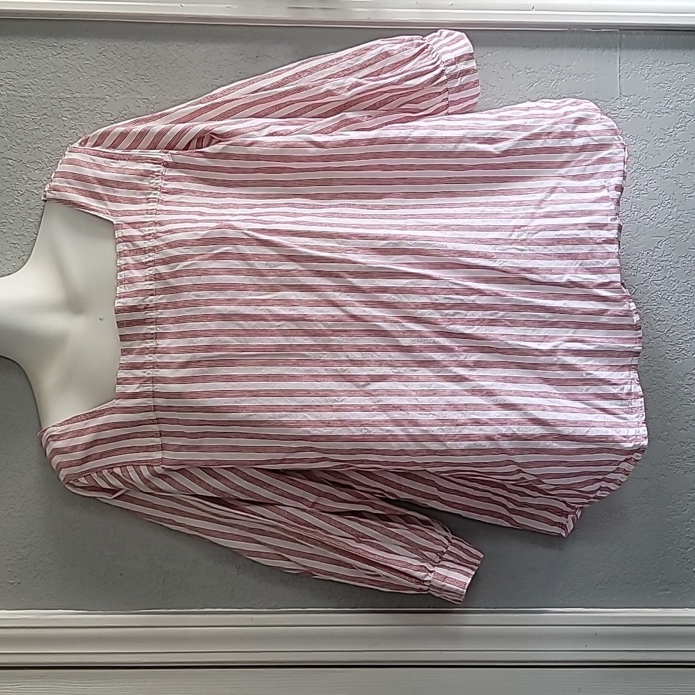 Red and White Stripped Gingham Women's Blouse Square Neck Cottage Farmhouse